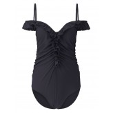 Sexy Women Double V One Piece Swimwear Off Shoulder Flouncing Pure Color Swimsuit