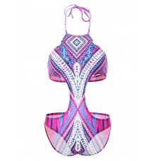 Sexy Women Pattern Print Wireless Lace-Up Monokini Backless Elastic One-Piece Swimsuit