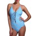 Women Sexy Deep V One Piece Front Hollow Out Cross Straps Stripe Swimsuit
