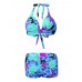 Women Sexy Backless Printed Show-Off Tankini Halter Lace-Up Deep V Swimwear Sets