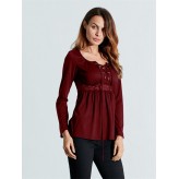 Women Long Sleeve Blouse Lace Patchwork V-neck Casual Shirts