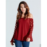 Sexy Women Off Shoulder Mesh Stitching Long Sleeve Blouses
