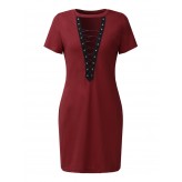 Sexy Women Short Sleeve V-Neck Hollow Out Bandage Bodycon Mini Dresses