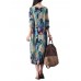 Vintage Women Floral Pattern Pockets Round Neck Long Sleeve Midi Dress