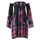 Sexy Women OFF Shoulder Floral Printed Long Horn Sleeve Mini Dresses