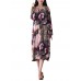 Vintage Women Floral Pattern Pockets Round Neck Long Sleeve Midi Dress