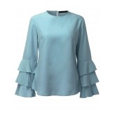 Elegant Women Solid Color Flounce Sleeve Key Hole O-Neck T-Shirt